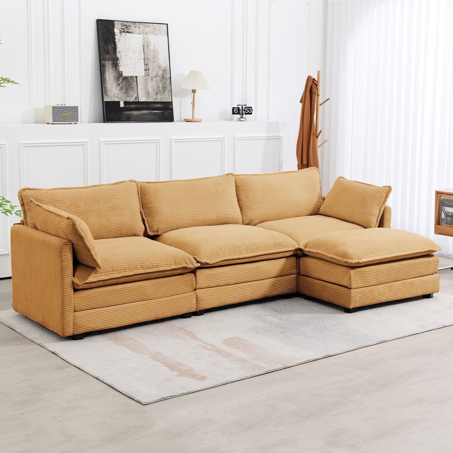 Canapé sectionnel en velours côtelé avec ottomans amovibles & coussins ultra-doux pour salon & chambre