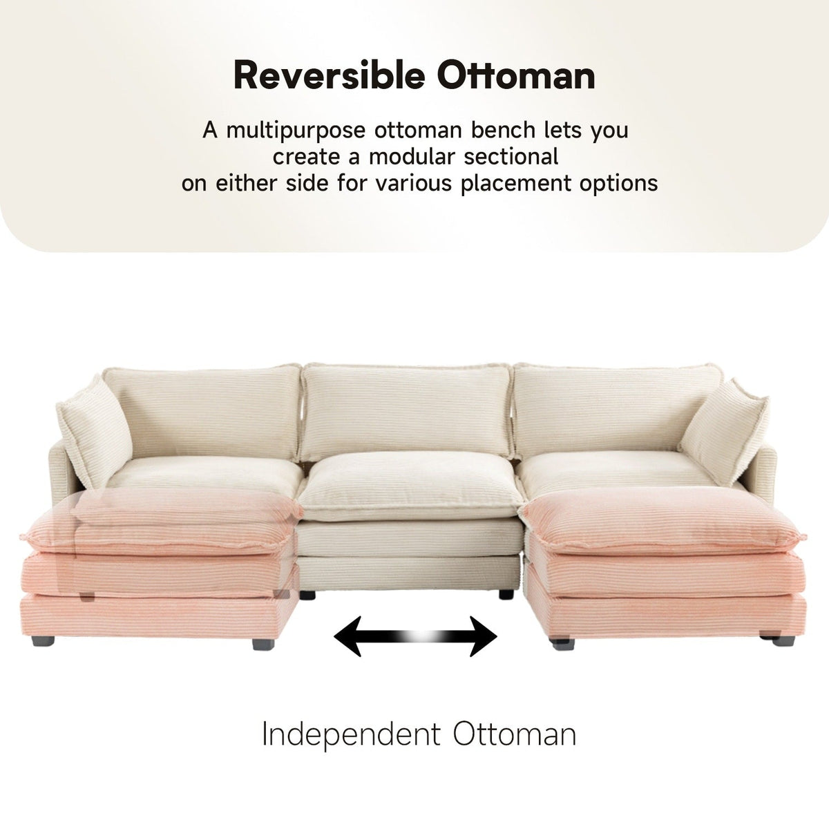 Canapé sectionnel en velours côtelé avec ottomans amovibles & coussins ultra-doux pour salon & chambre