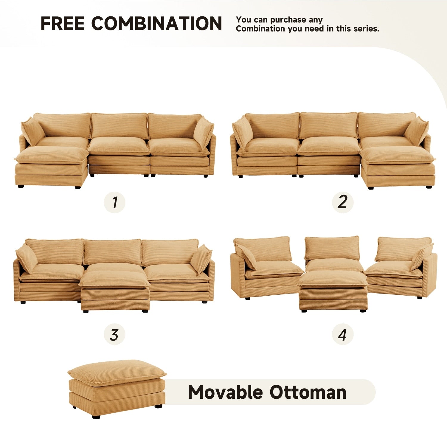Canapé sectionnel en velours côtelé avec ottomans amovibles & coussins ultra-doux pour salon & chambre