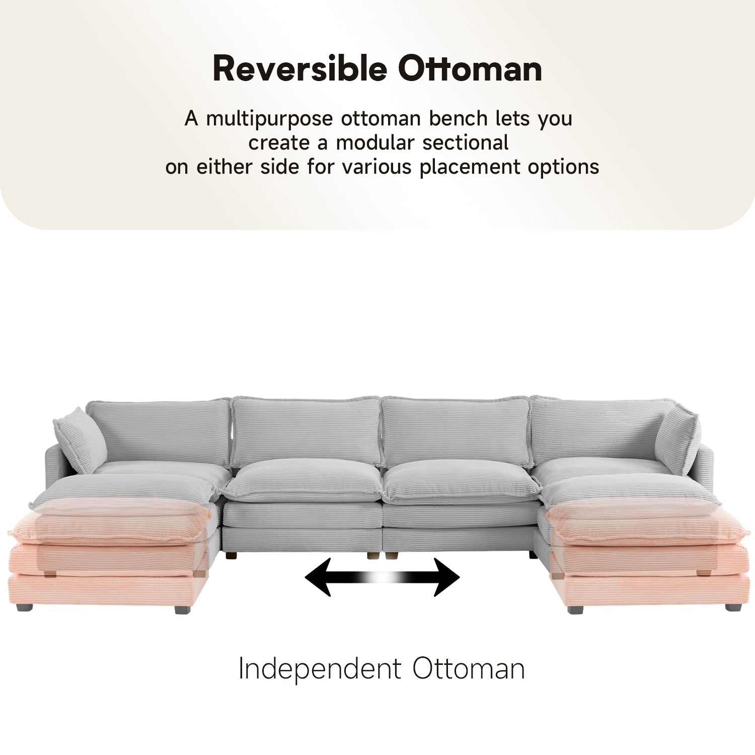 Canapé sectionnel en velours côtelé avec ottomans amovibles & coussins ultra-doux pour salon & chambre