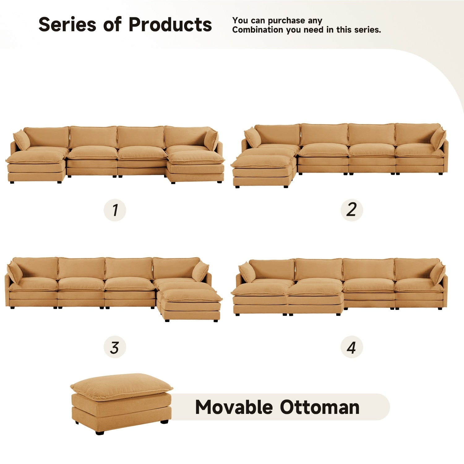 Canapé sectionnel en velours côtelé avec ottomans amovibles & coussins ultra-doux pour salon & chambre