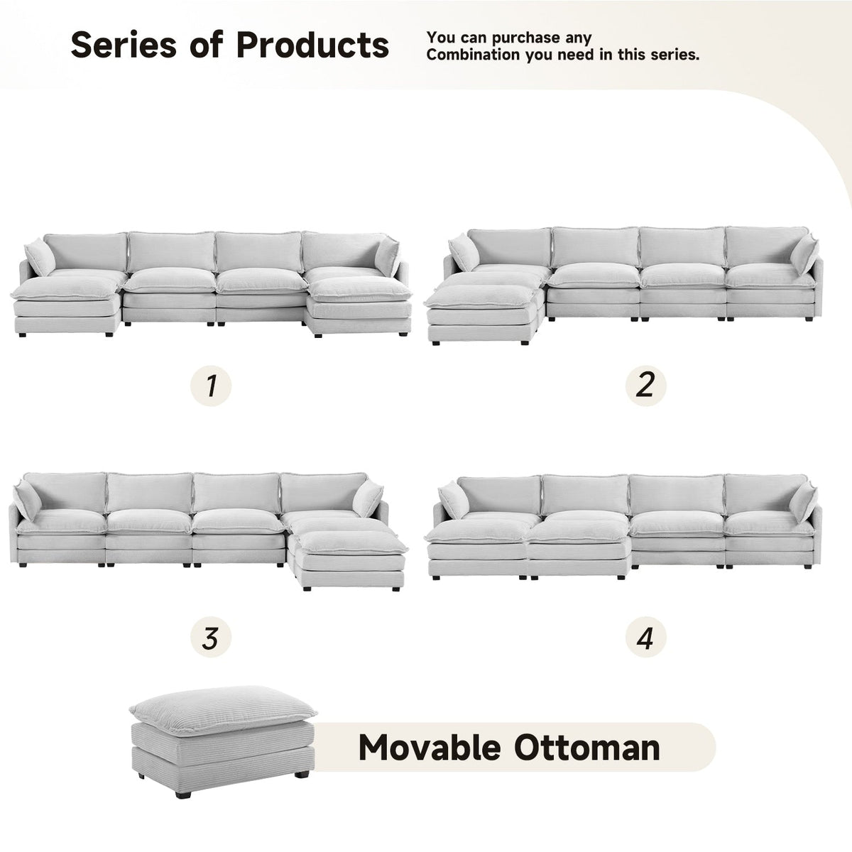 Canapé sectionnel en velours côtelé avec ottomans amovibles & coussins ultra-doux pour salon & chambre