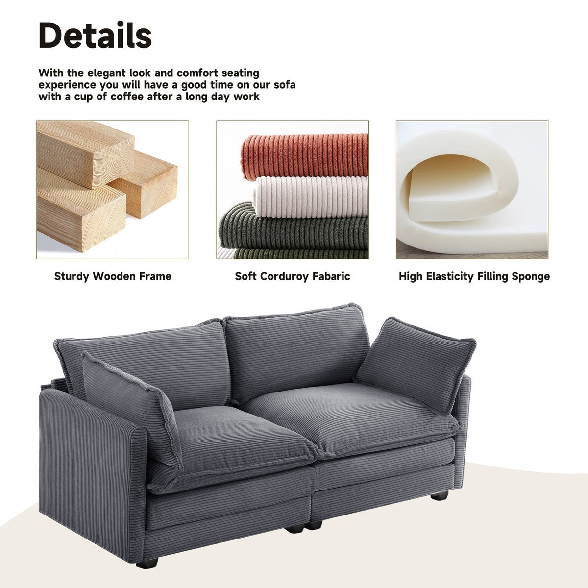 Canapé sectionnel en velours côtelé avec ottomans amovibles & coussins ultra-doux pour salon & chambre