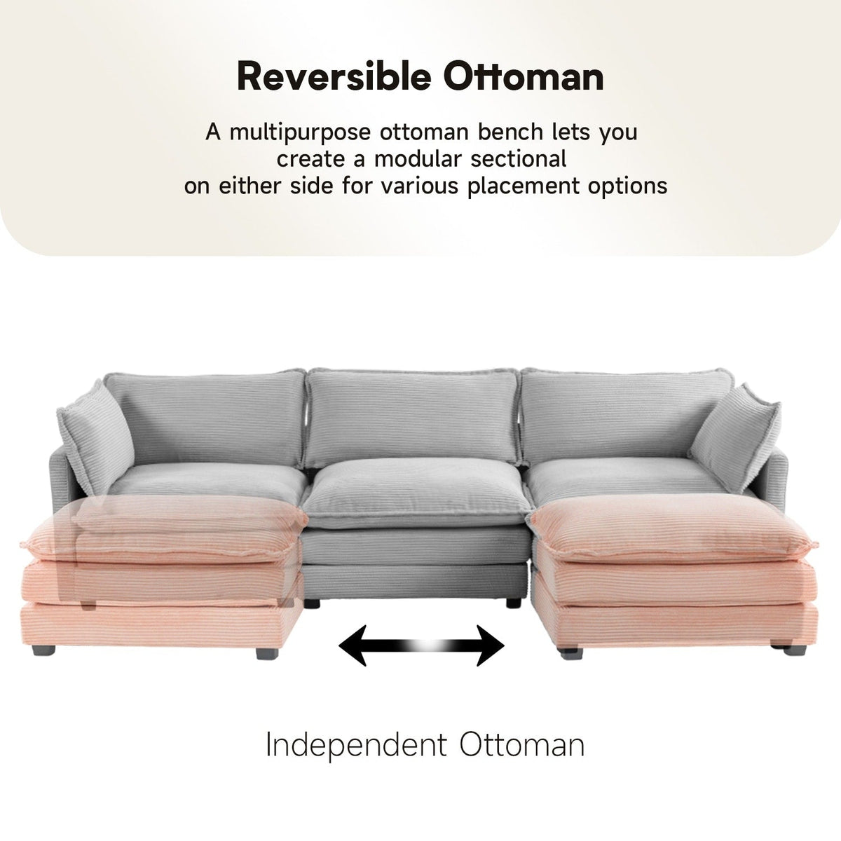 Canapé sectionnel en velours côtelé avec ottomans amovibles & coussins ultra-doux pour salon & chambre