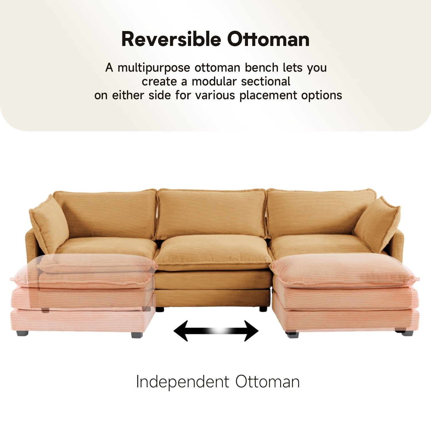 Canapé sectionnel en velours côtelé avec ottomans amovibles & coussins ultra-doux pour salon & chambre