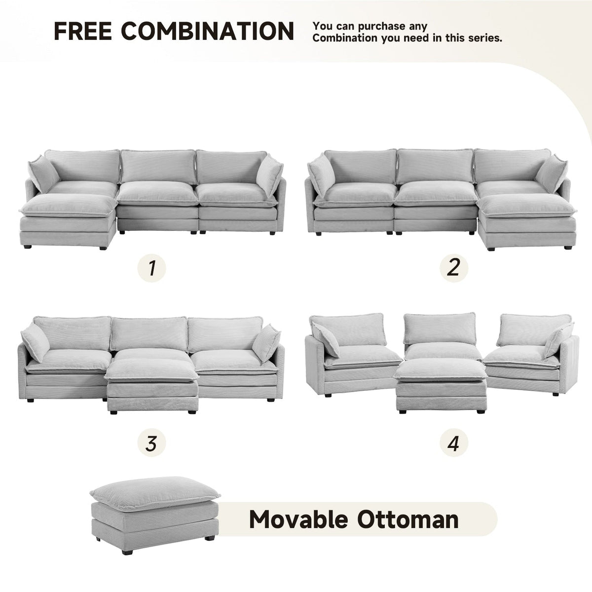 Canapé sectionnel en velours côtelé avec ottomans amovibles & coussins ultra-doux pour salon & chambre