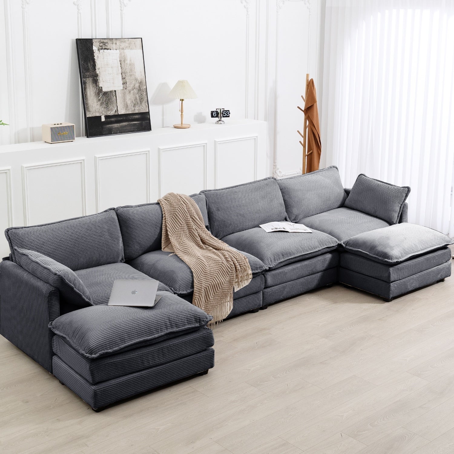Canapé sectionnel en velours côtelé avec ottomans amovibles & coussins ultra-doux pour salon & chambre
