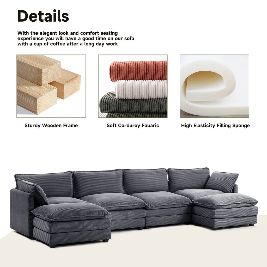 Canapé sectionnel en velours côtelé avec ottomans amovibles & coussins ultra-doux pour salon & chambre