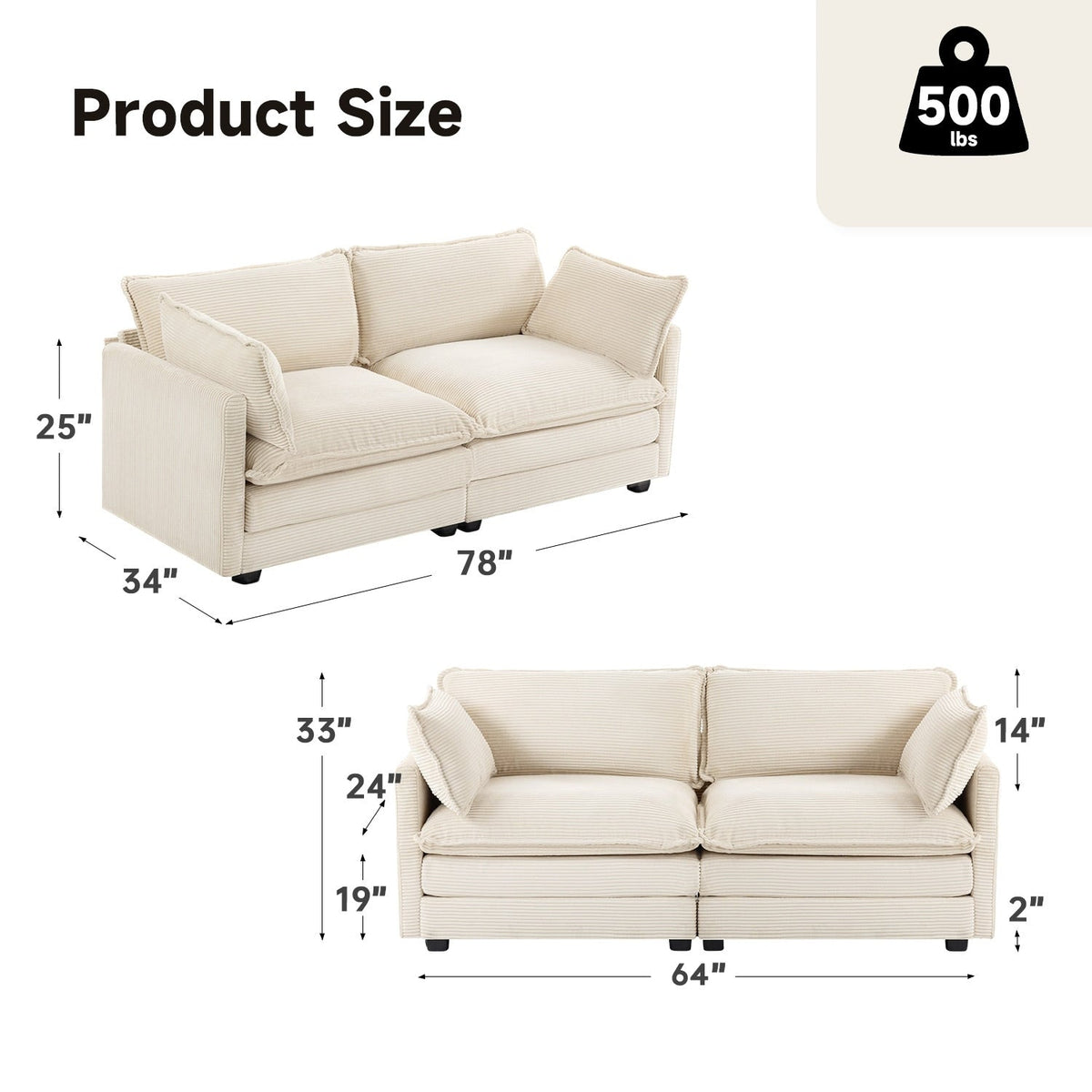 Canapé sectionnel en velours côtelé avec ottomans amovibles & coussins ultra-doux pour salon & chambre