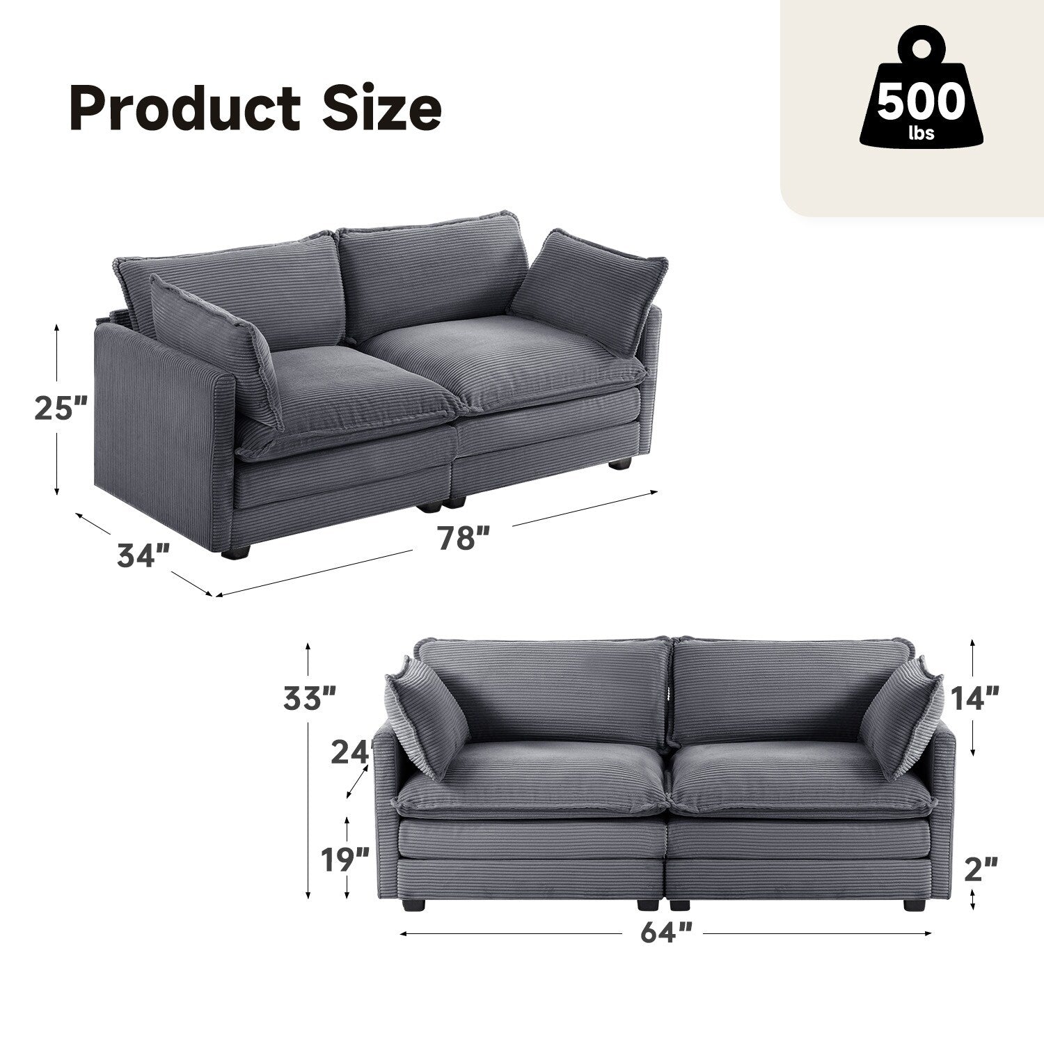 Canapé sectionnel en velours côtelé avec ottomans amovibles & coussins ultra-doux pour salon & chambre