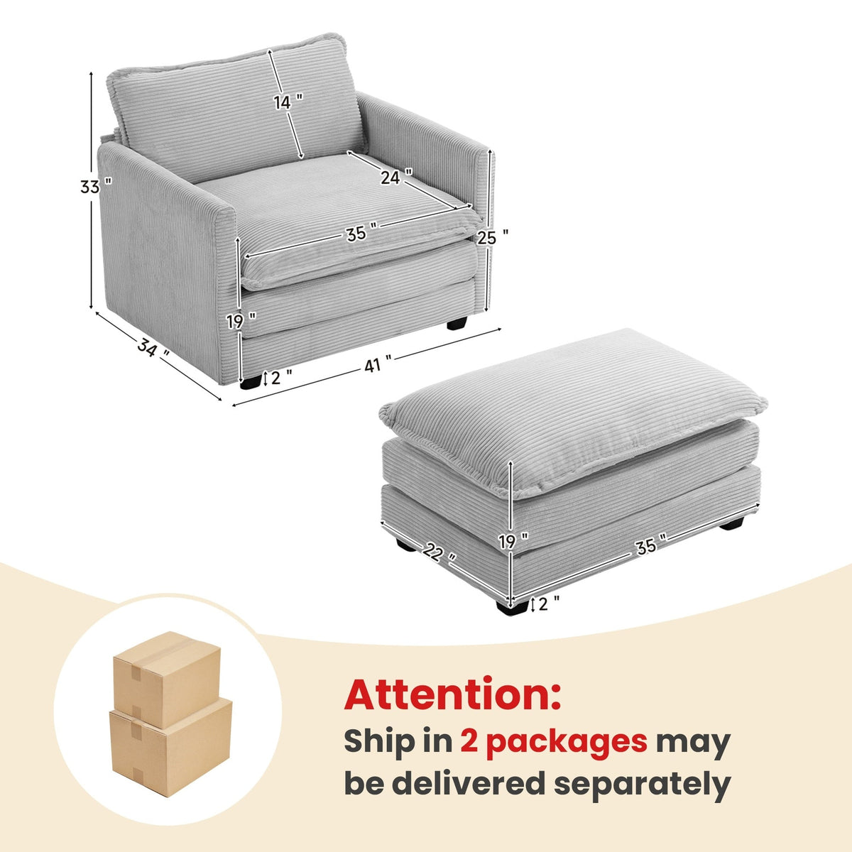 Canapé sectionnel en velours côtelé avec ottomans amovibles & coussins ultra-doux pour salon & chambre