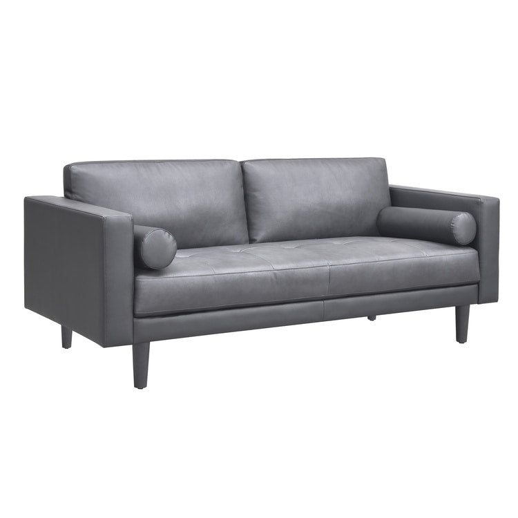 Canapé moderne en cuir véritable avec pieds en bois & coussin traversin supplémentaire