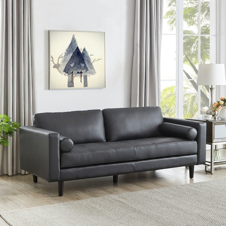 Canapé moderne en cuir véritable avec pieds en bois & coussin traversin supplémentaire