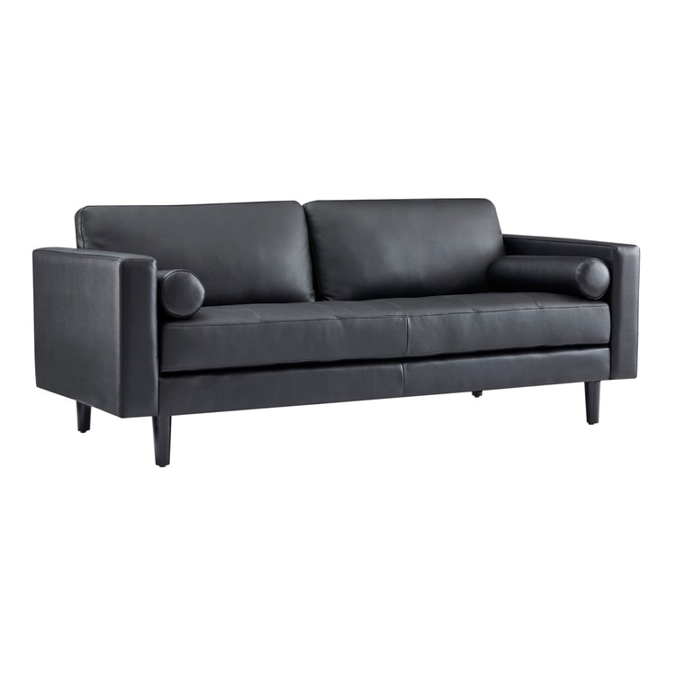 Canapé moderne en cuir véritable avec pieds en bois & coussin traversin supplémentaire