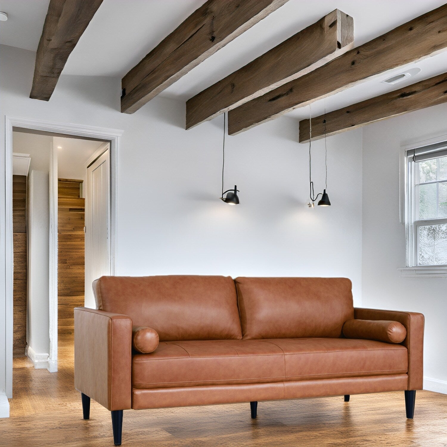 Canapé moderne en cuir véritable avec pieds en bois & coussin traversin supplémentaire