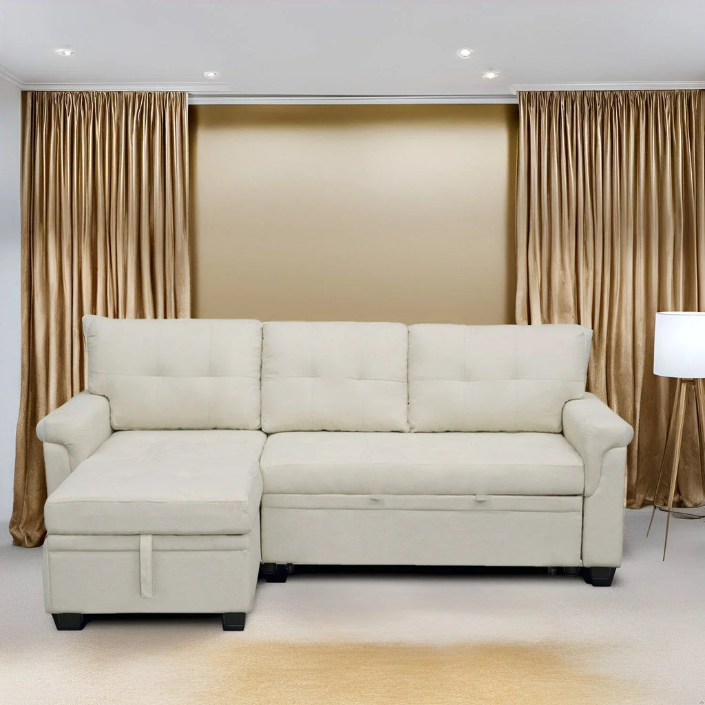 Canapé sectionnel réversible avec lit escamotable, méridienne de rangement dissimulée, pieds durables,