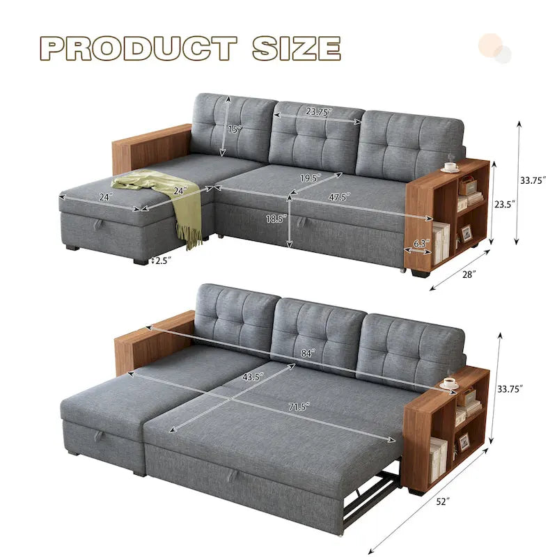 Canapé d'angle convertible avec lit escamotable et méridienne avec rangement caché