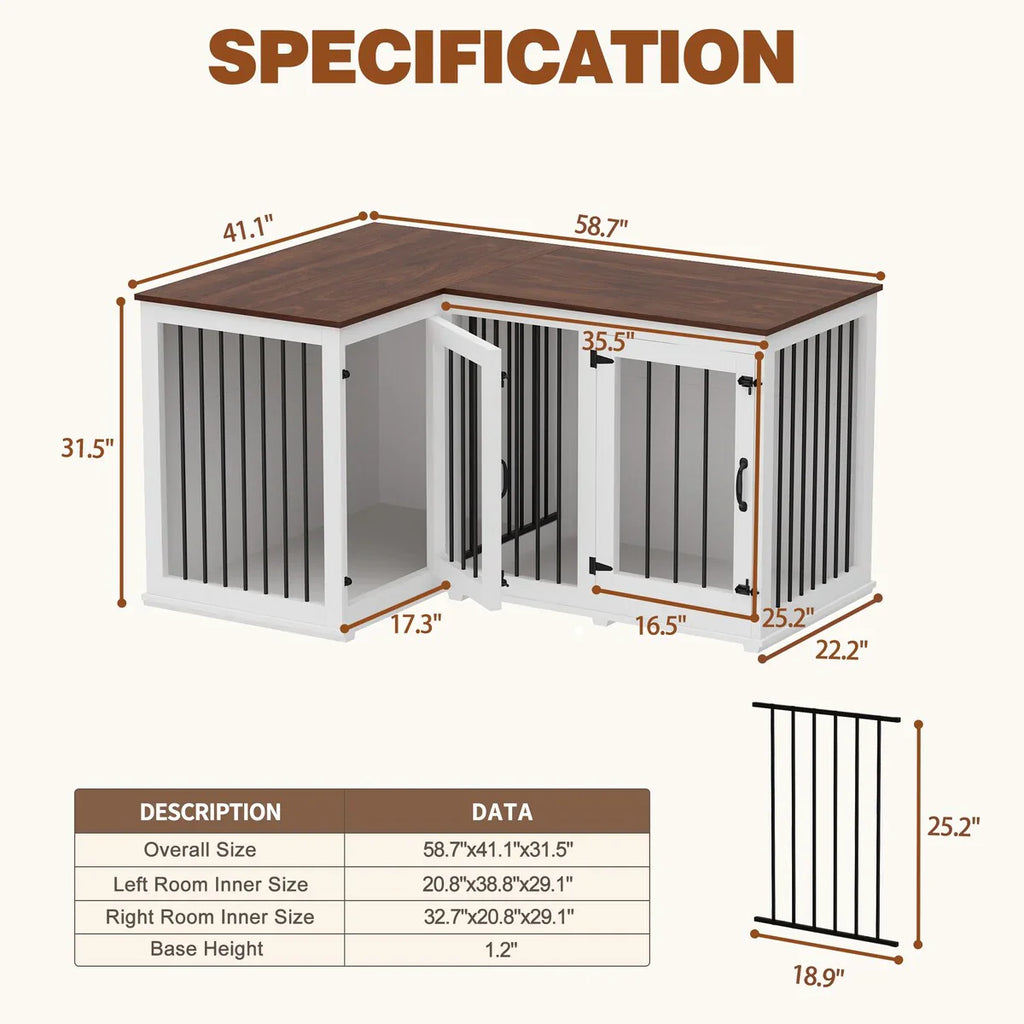 Grand meuble cage d'angle pour chien pour 2 chiens, cage pour chien en forme de L - 58.7X41.1