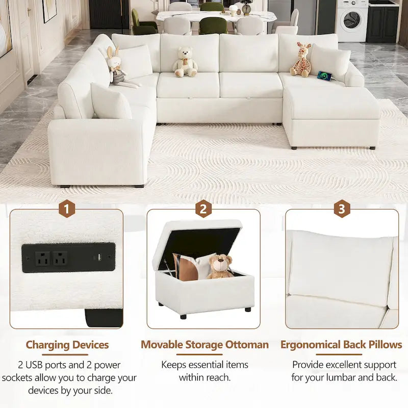Canapé sectionnel en chenille avec canapé-lit escamotable, canapé-lit en forme de L avec ottoman de rangement, 3 coussins et prises de charge