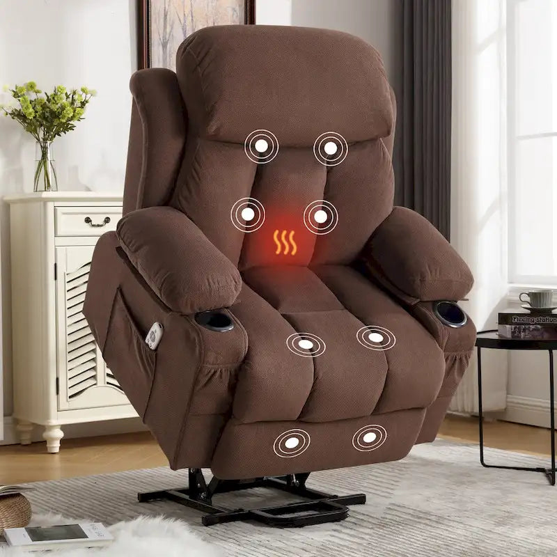 Fauteuil releveur électrique gris avec massage chauffant, charge USB, télécommande et poches latérales pratiques pour seniors