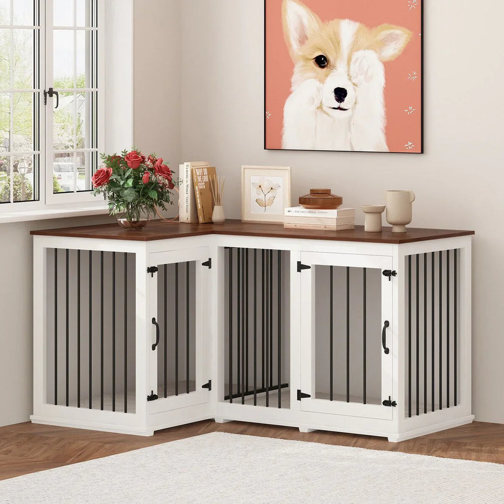 Grand meuble cage d'angle pour chien pour 2 chiens, cage pour chien en forme de L - 58.7X41.1