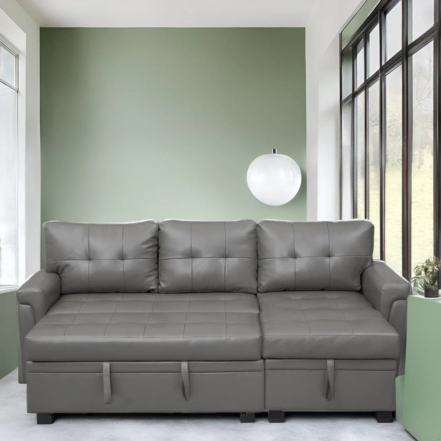 Canapé sectionnel réversible avec lit escamotable, méridienne de rangement dissimulée, pieds durables,