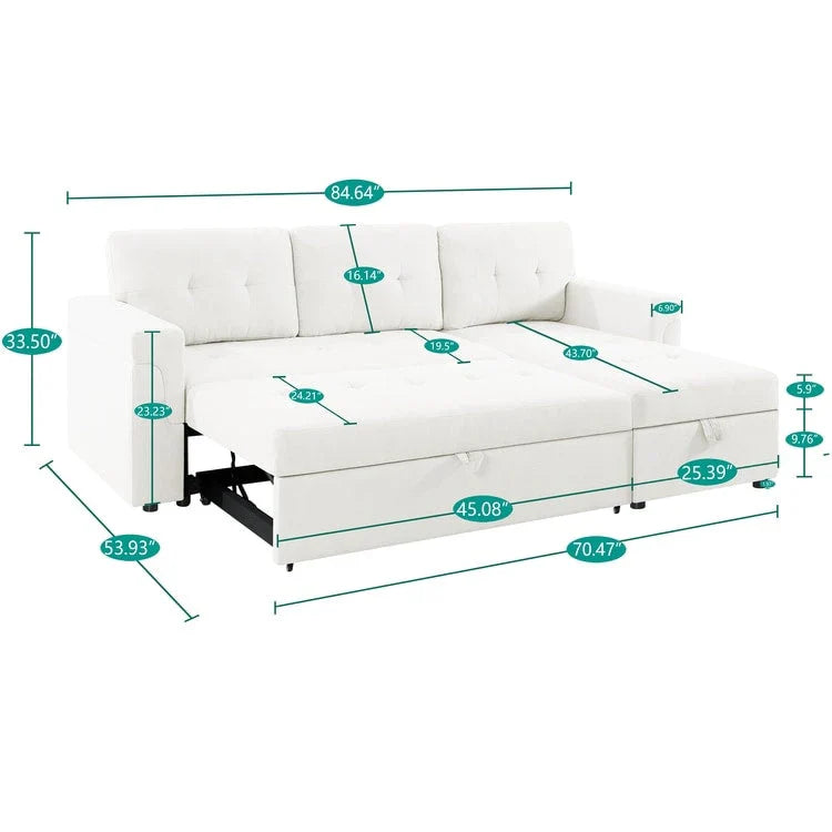 Canapé sectionnel réversible avec lit escamotable, méridienne de rangement dissimulée, pieds durables,