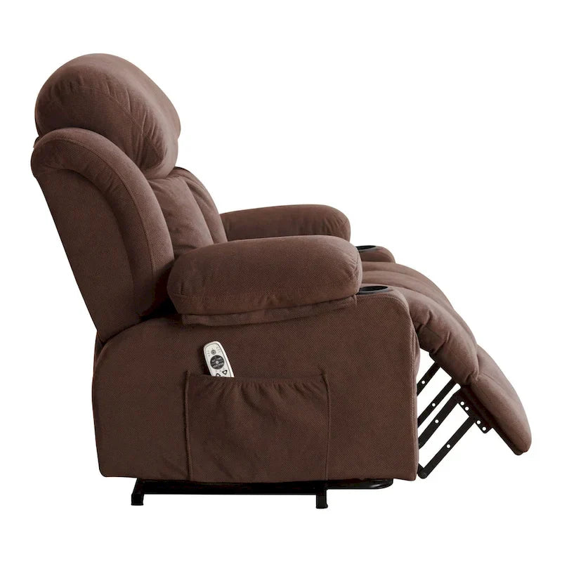 Fauteuil releveur électrique gris avec massage chauffant, charge USB, télécommande et poches latérales pratiques pour seniors