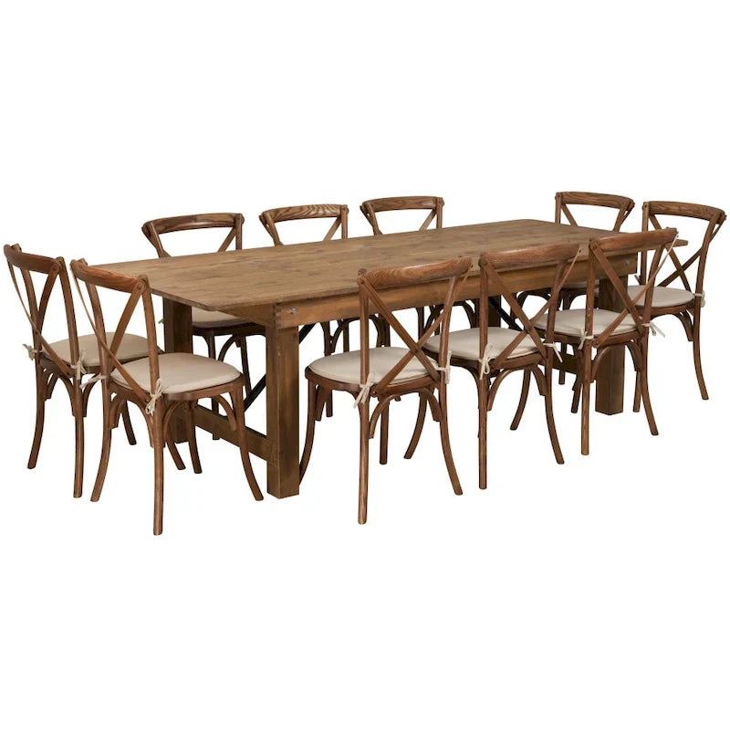 Ensemble table de ferme rustique pliante 8' x 40 avec 10 chaises à dossier croisé et coussins