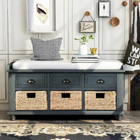 Banc de rangement rustique avec 3 tiroirs et 3 paniers en rotin, banc à chaussures pour salon, entrée