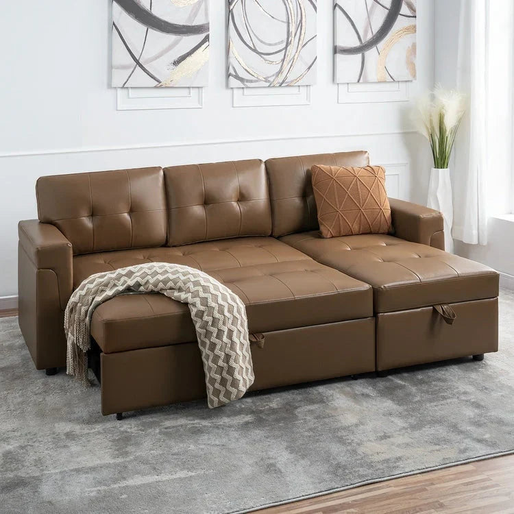 Canapé sectionnel réversible avec lit escamotable, méridienne de rangement dissimulée, pieds durables,