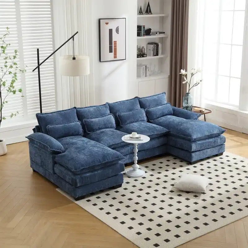 Canapé Sectionnel Canapé Nuage pour Salon, Canapé Moderne Forme U en Chenille/Bouclette, Canapé-Lit Modulable Confortable avec Double Méridienne