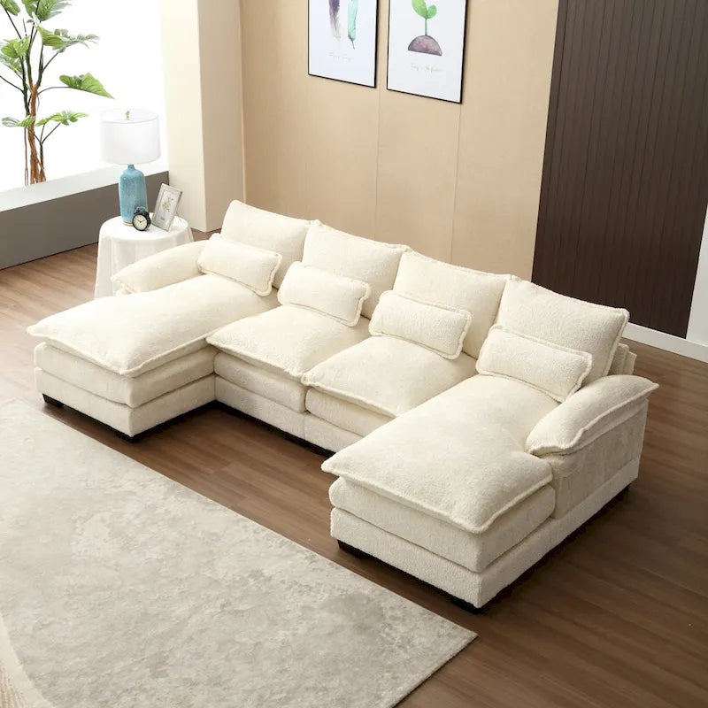 Canapé Sectionnel Canapé Nuage pour Salon, Canapé Moderne Forme U en Chenille/Bouclette, Canapé-Lit Modulable Confortable avec Double Méridienne