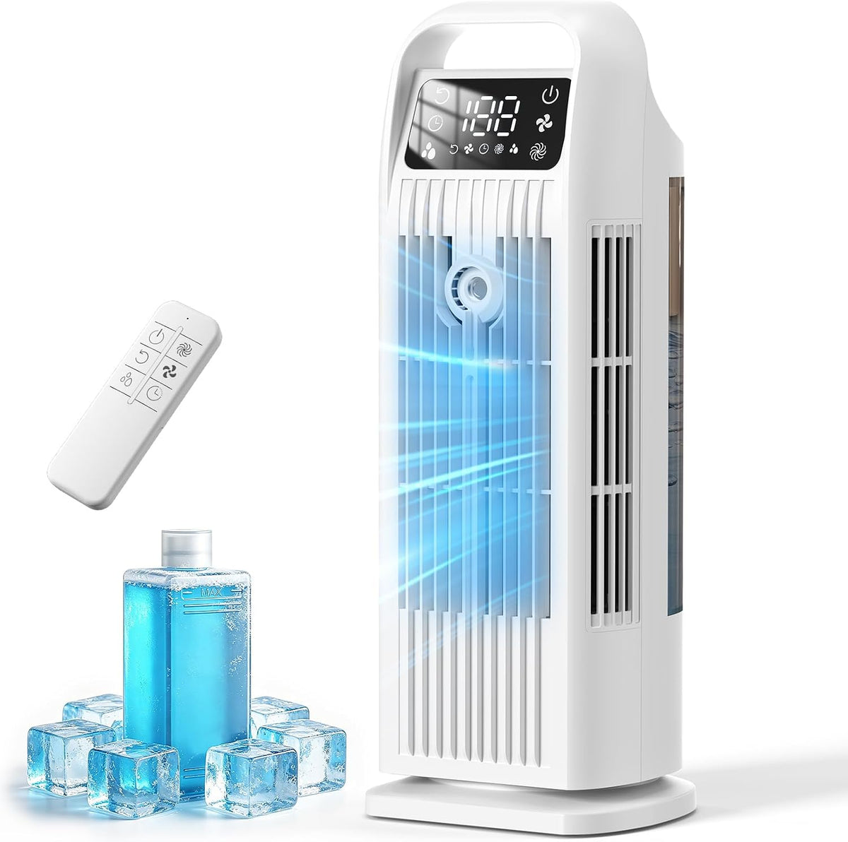Climatiseur Mobile 6 in 1, Climatiseur Portable Silencieux avec Refroidisseur d'air 1200ml, 1-12H Minuteries, 4 Vitesses, 120° Oscillation, Touches Tactiles (Blanc nuage)