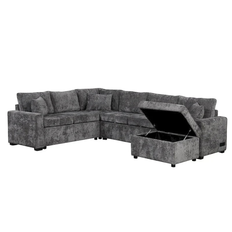 Canapé sectionnel en chenille avec canapé-lit escamotable, canapé-lit en forme de L avec ottoman de rangement, 3 coussins et prises de charge