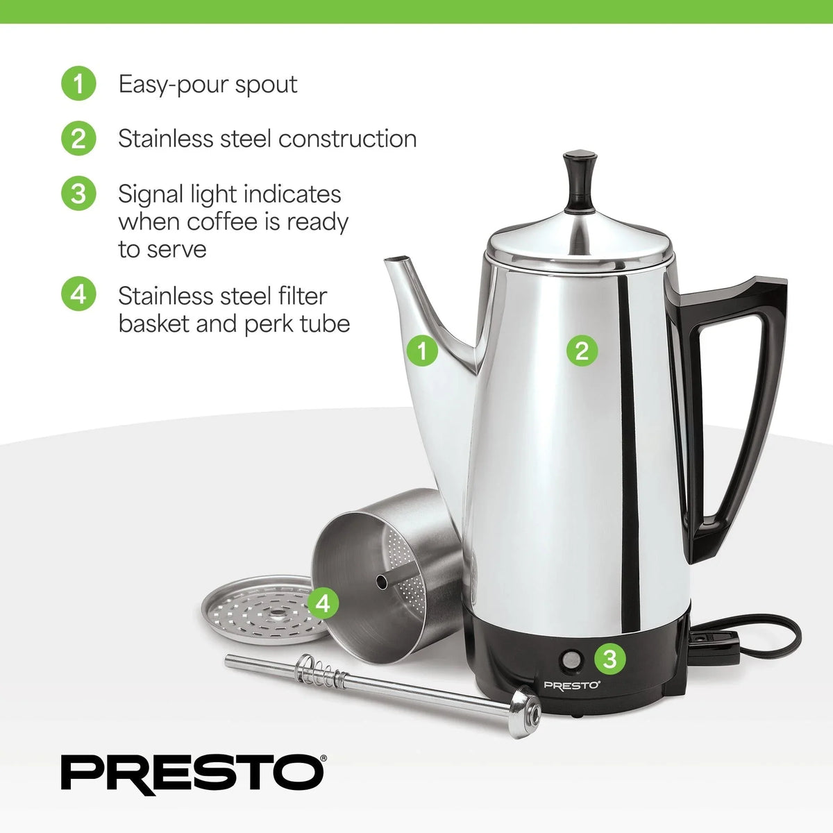 Presto Cafetière en acier inoxydable, percolateur robuste 12 tasses, argent - 2.79