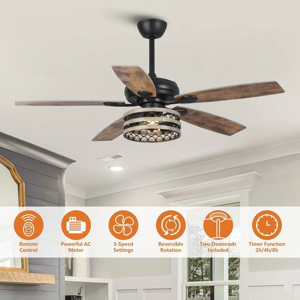 Ventilateur de plafond cage noir 52 style ferme bois flotté 5 pales avec télécommande
