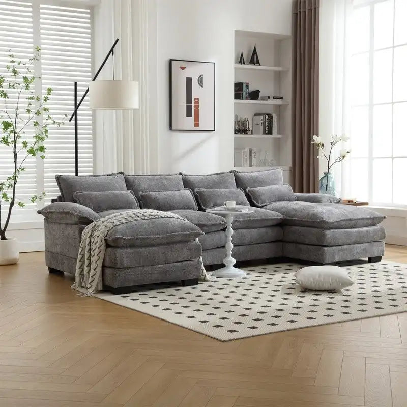 Canapé Sectionnel Canapé Nuage pour Salon, Canapé Moderne Forme U en Chenille/Bouclette, Canapé-Lit Modulable Confortable avec Double Méridienne