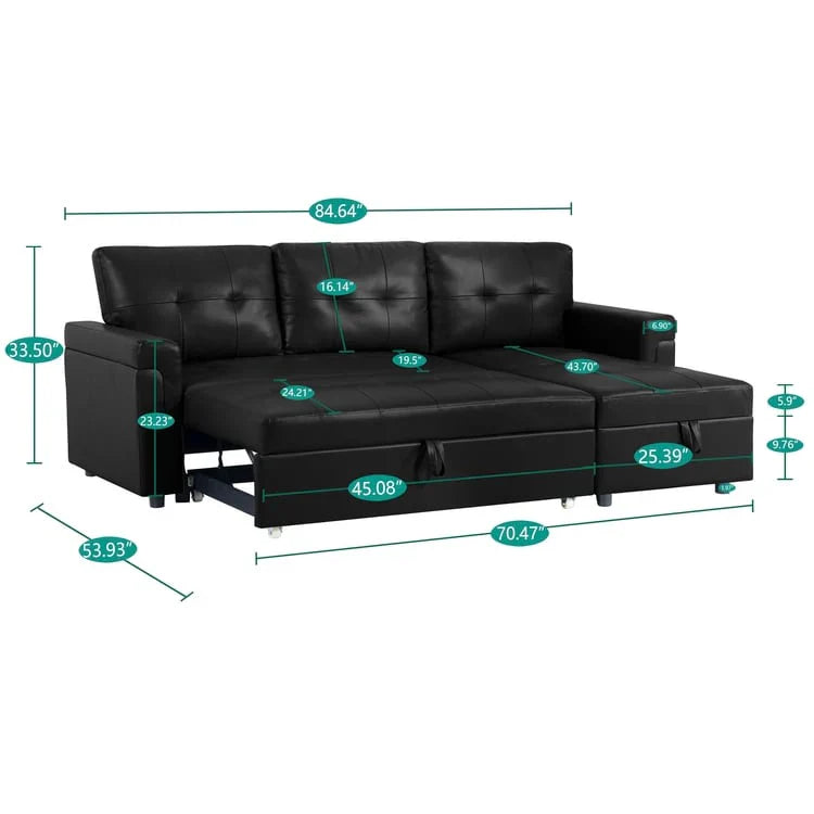 Canapé sectionnel convertible réversible avec lit escamotable, méridienne de rangement dissimulée et pieds durables