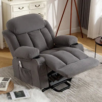Fauteuil releveur électrique gris avec massage chauffant, charge USB, télécommande et poches latérales pratiques pour seniors