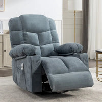 Fauteuil inclinable gris surdimensionné avec fonctions de chauffage et de massage, inclinaison à 150°, bascule à 30°, port USB pour la recharge et 2 porte-gobelets