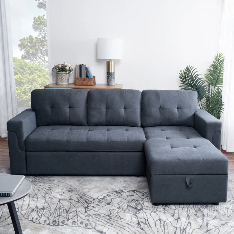 Canapé sectionnel convertible réversible avec lit escamotable, méridienne de rangement dissimulée et pieds durables