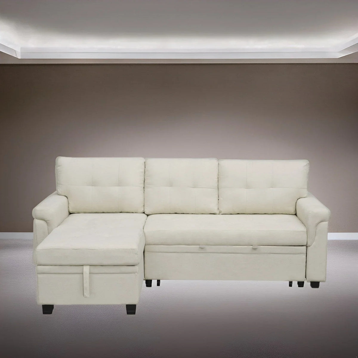 Canapé sectionnel réversible avec lit escamotable, méridienne de rangement dissimulée, pieds durables,