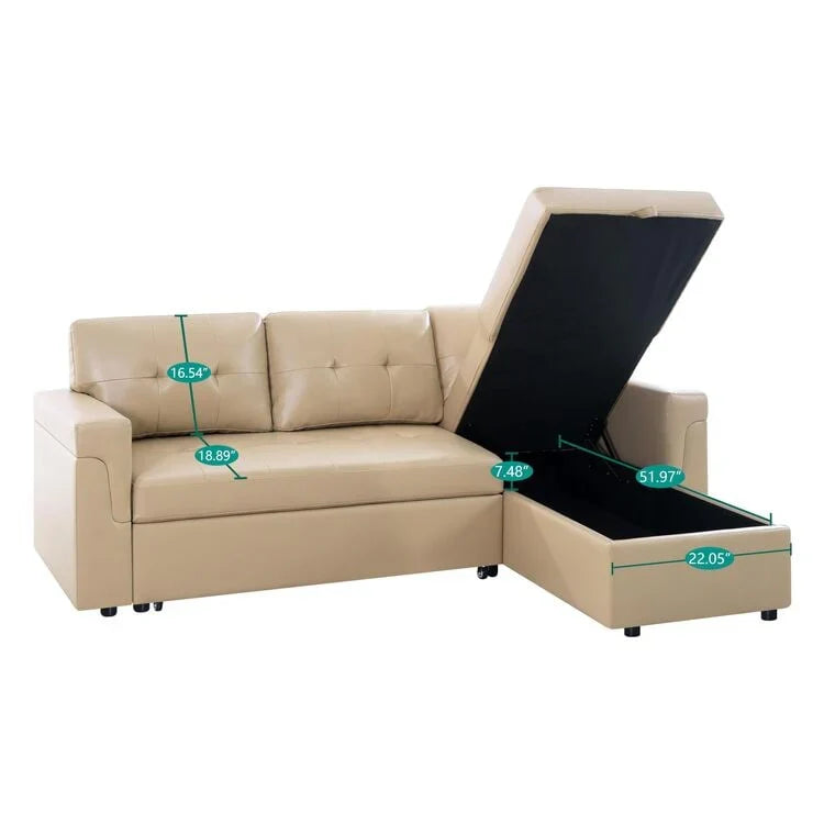 Canapé sectionnel convertible réversible avec lit escamotable, méridienne de rangement dissimulée et pieds durables