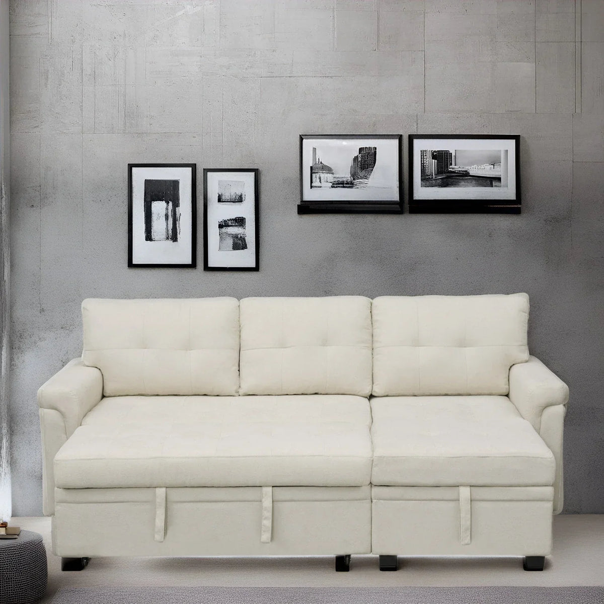 Canapé sectionnel réversible avec lit escamotable, méridienne de rangement dissimulée, pieds durables,