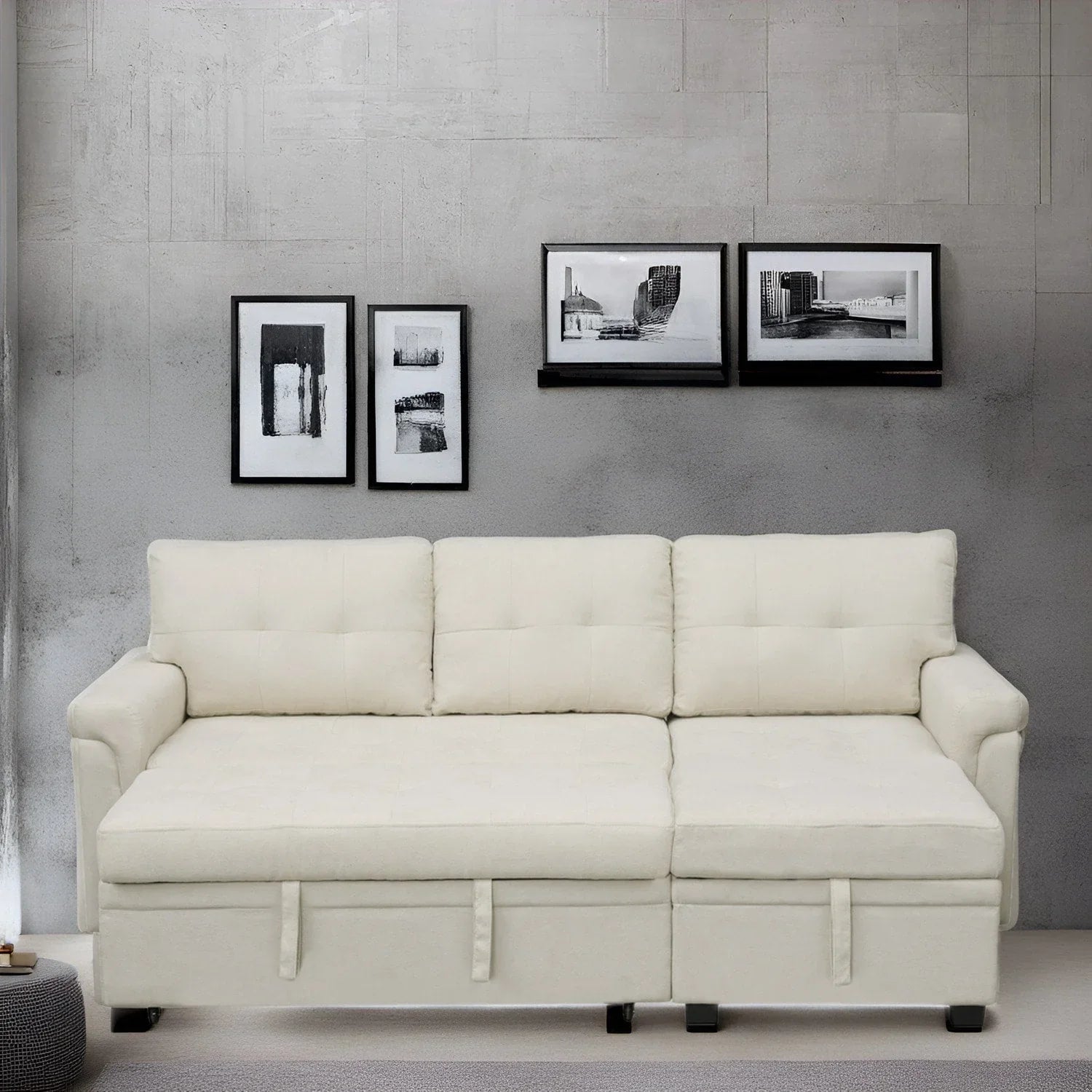 Canapé sectionnel réversible avec lit escamotable, méridienne de rangement dissimulée, pieds durables,