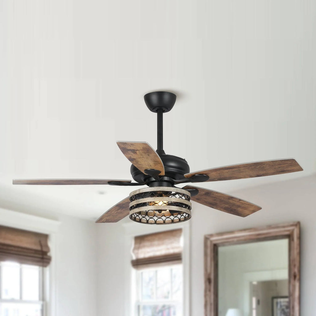 Ventilateur de plafond cage noir 52 style ferme bois flotté 5 pales avec télécommande