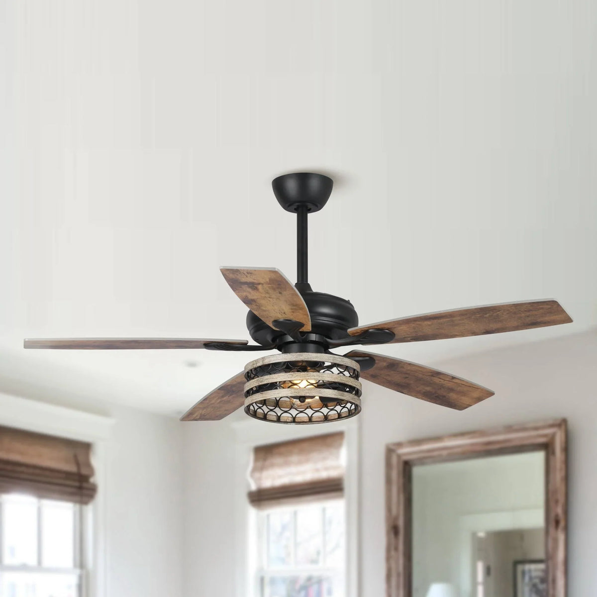 Ventilateur de plafond cage noir 52 style ferme bois flotté 5 pales avec télécommande
