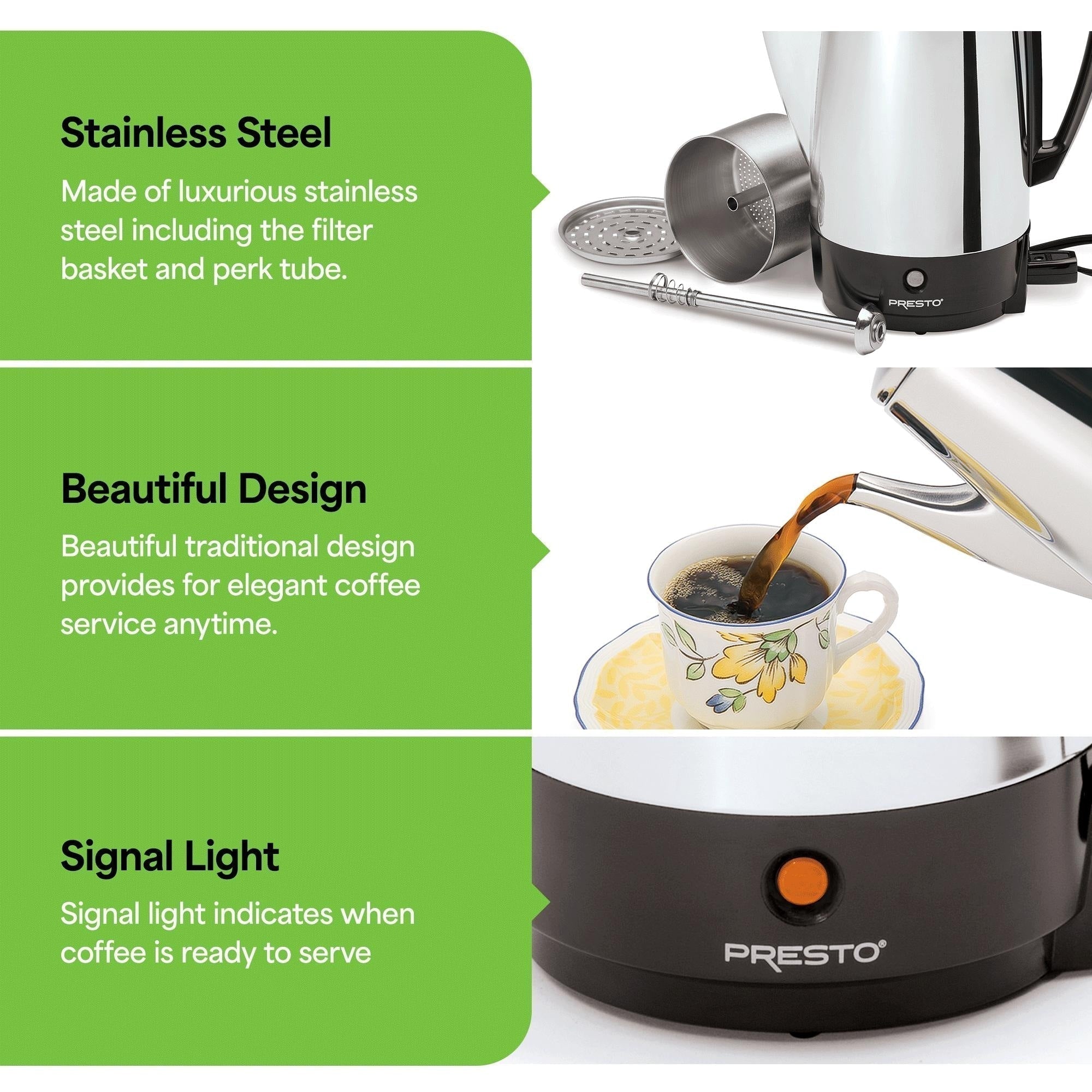 Presto Cafetière en acier inoxydable, percolateur robuste 12 tasses, argent - 2.79