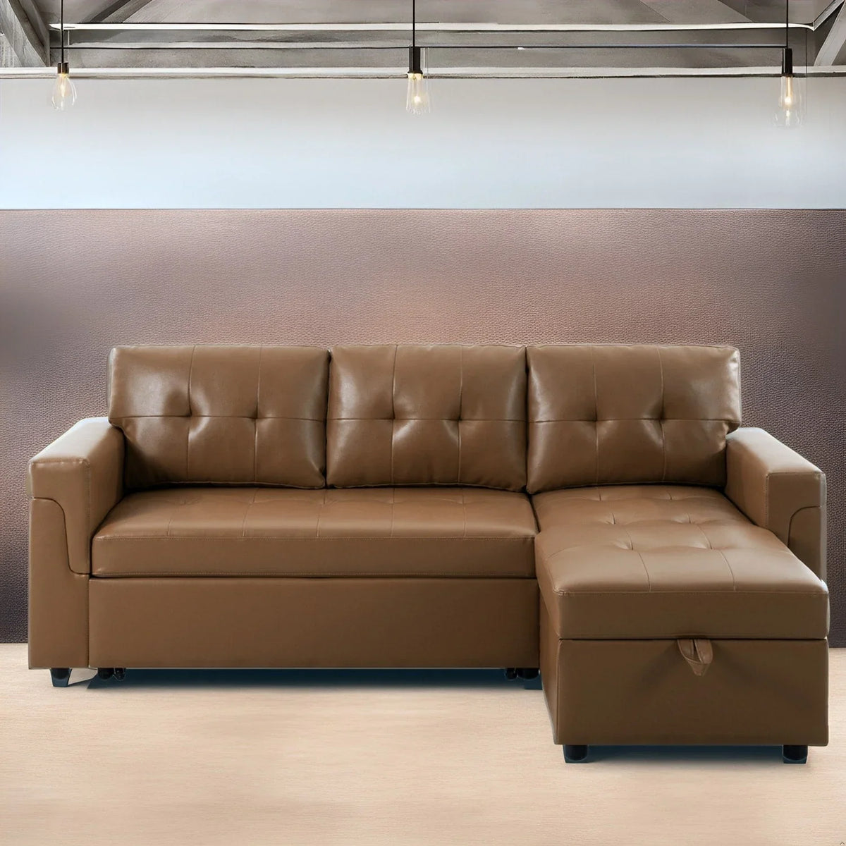 Canapé sectionnel convertible réversible avec lit escamotable, méridienne de rangement dissimulée et pieds durables